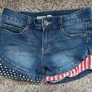 Route 66 Blue and Red Jean Shorts with Patriotic Design